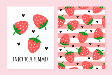 Wall Mural - A set of cute summer cards. Strawberry