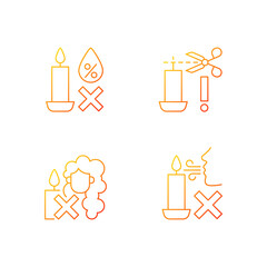 Wall Mural - Candle safety warning gradient linear vector manual label icons set. Trim candle wick. Thin line contour symbols bundle. Isolated vector outline illustrations collection for product use instructions