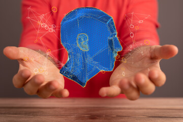Poster - Abstract polygonal human face, 3d illustration of a cyborg head construction