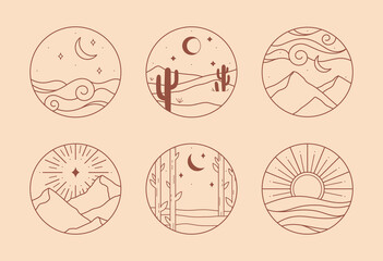 Wall Mural - vector linear boho icons with mystic forest,mountains landscape,desert dunes,sea.travel emblems with