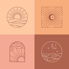 Wall Mural - bundle of vector bohemian logos,icons,symbols with landscape,sun,sea,crescent moon,sky,star and sunb