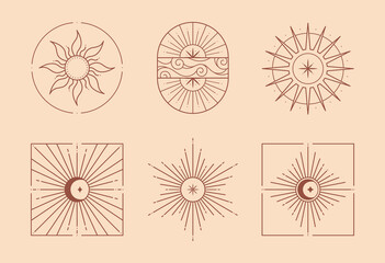 bundle of vector bohemian logos,icons,symbols with sun,crescent moon,sky,star and sunburst. boho lin