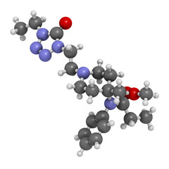 Alfentanil opioid analgesic drug molecule. 3D rendering. Atoms a