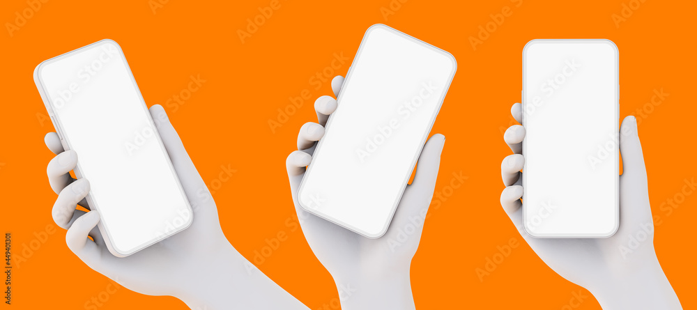 Hands are holding smartphones with blank screen - 3d rendered white ...