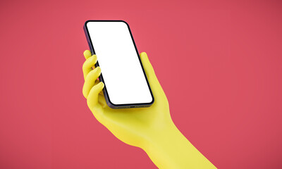 Wall Mural - Hands are holding smartphones with blank screen - 3d rendered yellow hands on red background