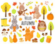 Hello autumn vector elements set with falling leaves, pumpkins, hares, squirrel, hedgehog, harvest. Childish scrapbook collection of fall season elements. Harvest time. Autumn party in the forest.