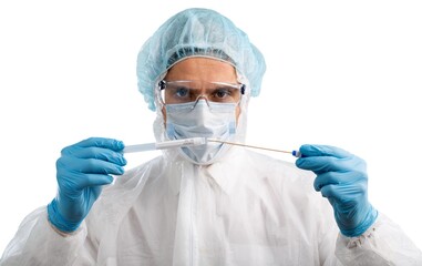 Wall Mural - Medical healthcare technologist holding COVID-19 swab kit, wearing white protective suit and mask