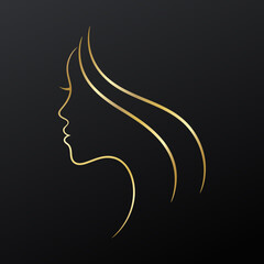 Canvas Print - Female golden face profile sketch on black background