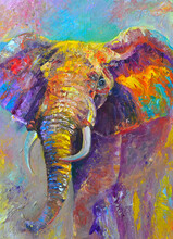 Original Oil Painting. Drawn Multi-colored Elephant. Contemporary Painting. Painting On Canvas.