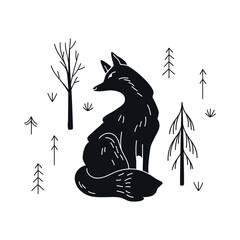 Black and white vector illustration of a fox sitting in a woods.