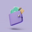 Wallet with cash and credit cart icon. 3d simple render illustration on pastel background.