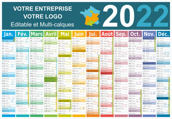 Wall Mural - Calendrier 2022 12 mois avec vacances scolaires officielles au format 650x450 mm entièrement modifiable via calques
