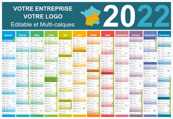 Wall Mural - Calendrier 2022 12 mois avec vacances scolaires officielles au format 650x450 mm entièrement modifiable via calques
