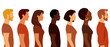 Multi-ethnic group of different people. Handsome men and beautiful women. The Line of people one direction. Abstract portraits, side view, isolated. Modern vector illustration.