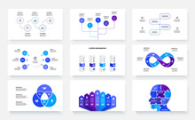 Nine Slides With Infographics Elements. Circles, Puzzle, Arrows And Charts Info Graphic Design Templates. Set Of Infograph Concept With 3, 4, 5, 6 And 7 Options