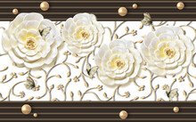 3d Wallpaper White Jewelry Flowers On Golden Branches Background