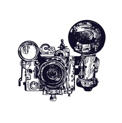 Wall Mural - Hand drawn sketch style vintage photo camera isolated on white background. Vector illustration.