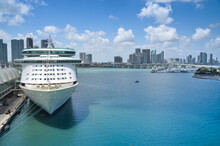 Cruise Ship In Port In Miami With Room For Copy Space On Side