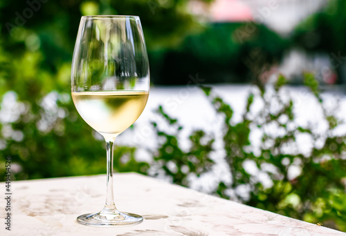 White wine in luxury restaurant on summer garden terrace, wine tasting experience at winery in the vineyard, gourmet tour and holiday travel.