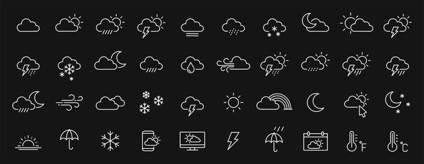 set of 40 weather web icons in line style. weather , clouds, sunny day, moon, snowflakes, wind, sun 