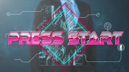 Poster - Press start text on neon squares against mid section of businessman touching invisible screen