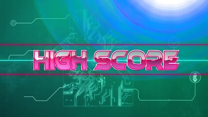 Poster - Animation of pink metallic text high score, with neon lines, over computer motherboard and network