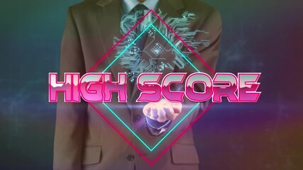 Poster - High score text on neon squares against mid section of businessman holding invisible screen