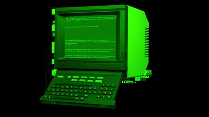 Vintage computer with code glitching on monitor