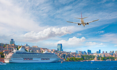 Wall Mural - Airplane flying over Istanbul city - Luxury cruise ship in Bosporus against istanbul city with full moon - istanbul, Turkey