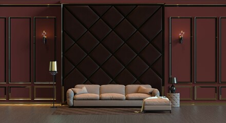 Wall Mural - 3d rendering of design interior living room with lamp and padded wall wall panel