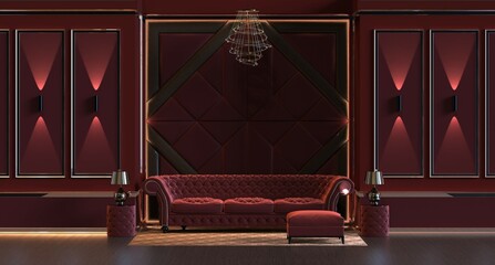 Wall Mural - 3d rendering of design interior living room with lamp and padded wall wall panel