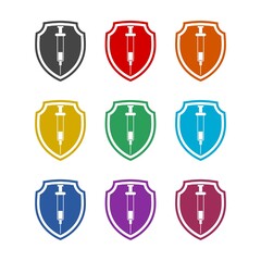 Sticker - Vaccination protection shield color icon set