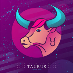 Modern magic witchcraft card with astrology Taurus zodiac sign.  Bull head logo design