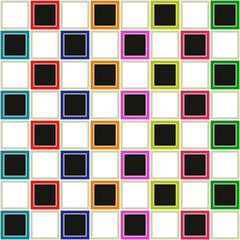 Poster - Colorful checker board. Vector seamless repeated black and white cells with rainbow borders.