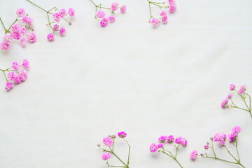 Purple gypsophila in corners on diagonal, white background. Copy space