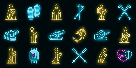 Wall Mural - Nordic walking icons set. Outline set of nordic walking vector icons neon color on black