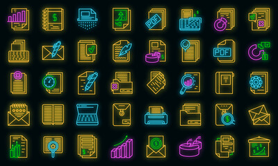 Poster - Report icons set. Outline set of report vector icons neon color on black