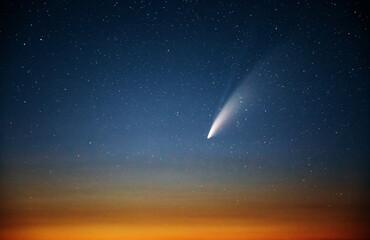 Wonderful view of starry sky and C/2020 F3 (NEOWISE) comet with light tail.