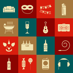 Wall Mural - Set Headphones, Birthday party horn, Retro audio cassette tape, Carnival garland with flags, Glass of champagne, Barbecue grill, Sofa and Guitar icon. Vector