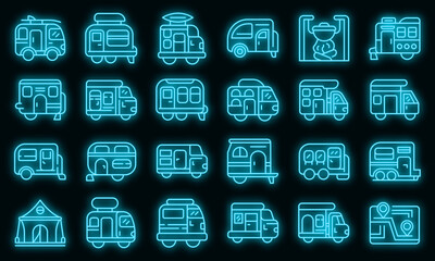 Wall Mural - Auto camping icons set. Outline set of auto camping vector icons neon color on black