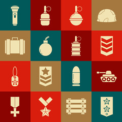 Wall Mural - Set Chevron, Military tank, rank, Hand grenade, Bomb ready to explode, ammunition box, Flashlight and icon. Vector