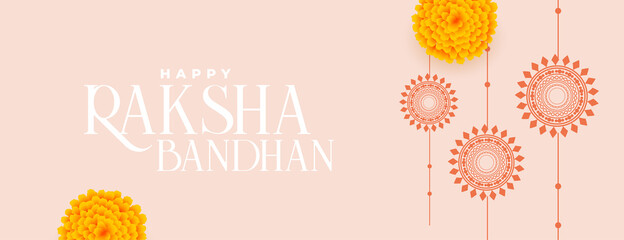 Wall Mural - happy raksha bandhan traditional banner with flat rakhi and marigold flower