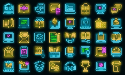 Poster - Distance education icons set. Outline set of distance education vector icons neon color on black