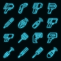 Poster - Digital thermometer icons set. Outline set of digital thermometer vector icons neon color on black