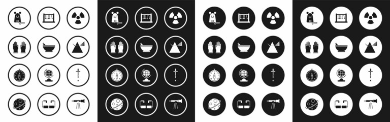 Sticker - Set Radioactive, Mortar and pestle, Rubber gloves, Rat, Light rays in prism, Pendulum, Pipette and Compass icon. Vector