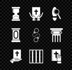 Sticker - Set Old hourglass, Oath on the Holy Bible, Magnifying with footsteps, Prison window, Stage stand or debate podium rostrum and Handcuffs icon. Vector