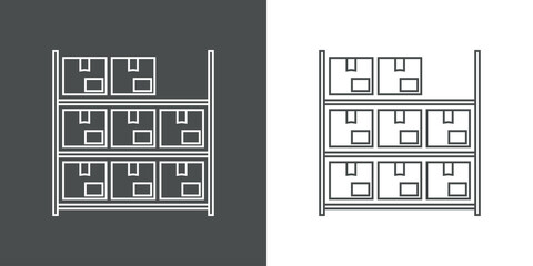 Poster - Símbolo almacenaje. Icono plano con cajas de cartón en estante con lineas en fondo gris	y fondo blanco