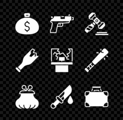 Sticker - Set Money bag, Pistol or gun, Judge gavel, Wallet, Bloody knife, Briefcase and money, Broken bottle weapon and window icon. Vector