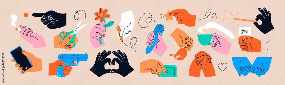 Big set of Colorful Hands holding stuff. Different gestures. Hands with cup, magic wand, banner, money, wine glass, microphone, star, etc. Hand drawn Vector illustration. All elements are isolated - obrazy, fototapety, plakaty 