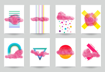 Wall Mural - Collection abstract art background with pink cloud and colorful geometric shapes. Set of modern fashion templates for cover, poster, banner. Minimalistic trendy vector illustrations.